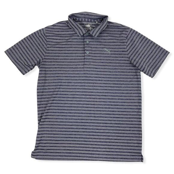 Puma Purple Striped Mesh Polo Shirt Short Sleeve Size M Stretch Lightweight - Picture 1 of 6